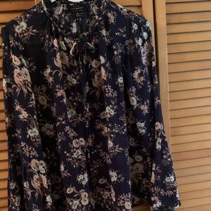 Lucky Brand Navy Floral Tie-Neck Blouse with Pink and Cream Accents